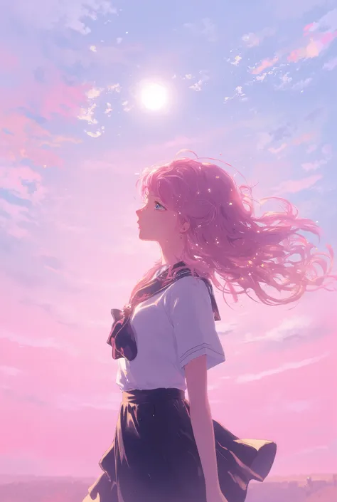 "A breathtaking anime-style illustration of a young girl with flowing pink hair standing against a serene sunset sky. The warm glow of the setting sun illuminates her face and hair, creating a soft and dreamy atmosphere. She wears a classic Japanese school...