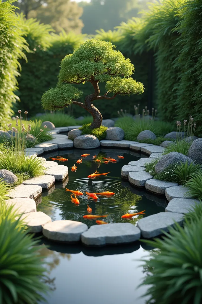 A minimalist garden measuring 2 meters by 4 meters, featuring an elegantly designed 8-shaped pond. The pond is adorned with colorful koi fish swimming peacefully. The garden is neatly arranged with various types of short, lush green plants, creating a beau...