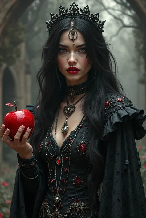 Girl,Black long hair，Black Queen，accessories，Apple in hand，Poison apples，Witch Queen，Red lipstick