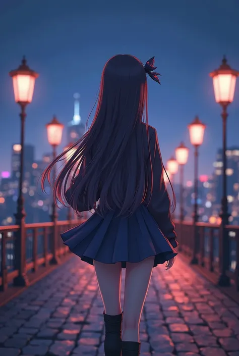 anime girl standing on a bridge in a city at night, my dress up darling anime, inspired by Sim Sa-jeong, magical school student uniform, in game, realistic anime 3 d style, inspired by Ma Yuanyu, fashion gameplay screenshot, inspired gacha club game, anime...