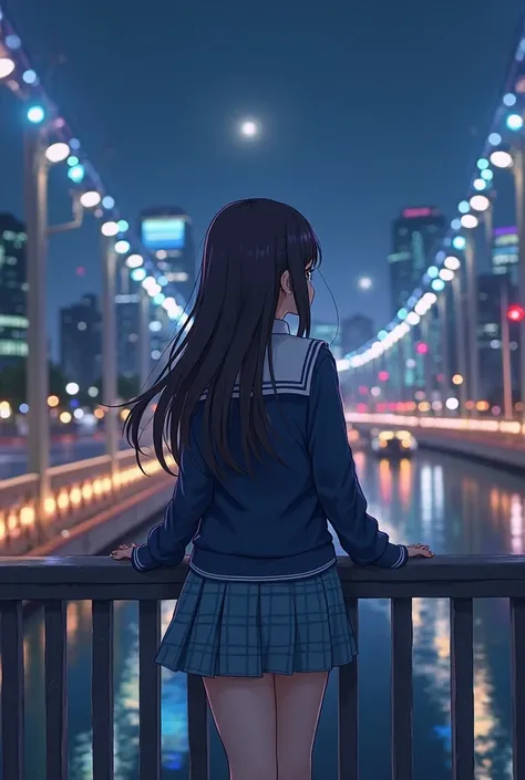 anime girl standing on a bridge in a city at night, a picture inspired by Sim Sa-jeong, trending on cg society, tachisme, my dress up darling anime, magical school student uniform, in game, realistic anime 3 d style, fashion gameplay screenshot, anime set ...