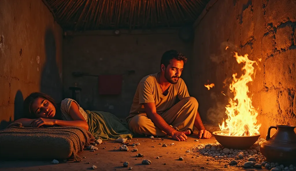 Create a deeply emotional and intense scene inside a simple mud room with a thatched roof. A young woman lies asleep on a charpai (woven cot), her face calm and peaceful, unaware of the events unfolding around her. In the corner of the room, a small fire b...