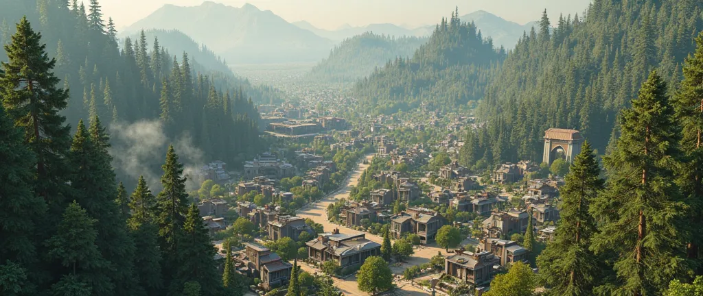 (photorealism:1.2), neo-traditional Elvish blended with a touch of utopian futuristic woodland city, sprawling enchanted layout, low-lying, varied businesses and homes, dry, varied forestry, tall enveloping forest, more Elvish, thick woodland living feel, ...