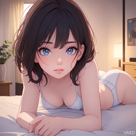  nsfw, A girl lying on her bed in a cute underwear that is misaligned and her boobs and vagina are visible and being massaged from behind
,masterpiece,Highest quality,amazing quality,