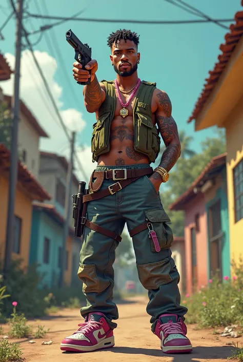 Create me an animated army with a joint in the shape of a cross , Chandal Siksilk , Shooting a Glock17,a Rolex , arm tattooed with tribal , a pink rosary necklace and an Air Jordan4 sneakers(against a background of a neighborhood in the favelas of Brazil)