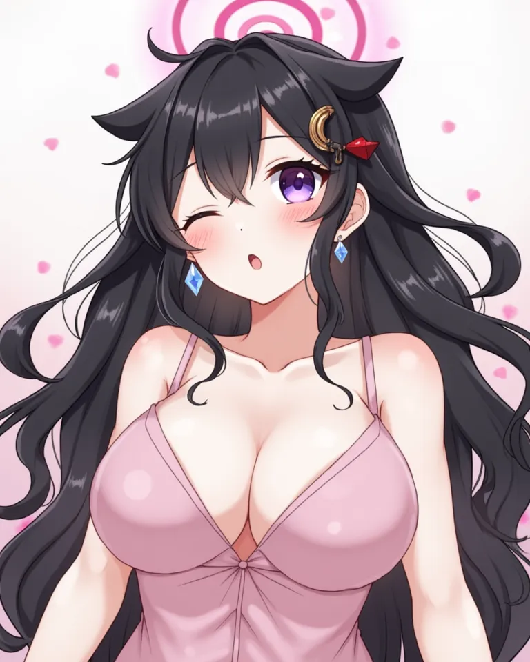 hentai,  black-haired girl, white skin, blush, manos blush rosados, BreastsBig breasts,  breasts, crystal earrings, Raised eyebrows, ahegao, a closed eye,  saliva trail , sonrisa seductora,  moaning,  Simple background , from below, hair ornament, halo, Hi...