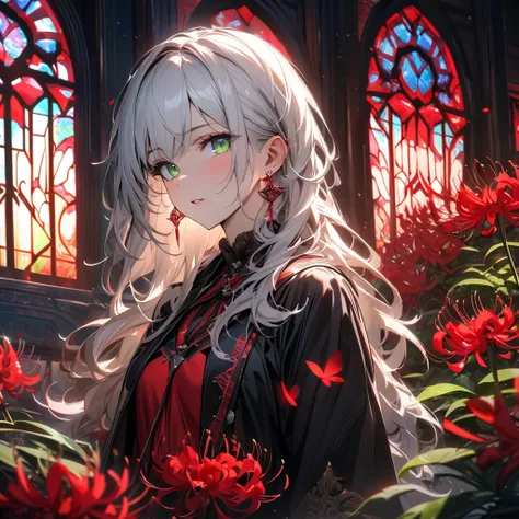 absurdres, highres, ultra detailed, HDR, master piece, best quality, Beautiful young woman, short white hair, light green eyes. princess. Earrings. Solo. tomboy beautiful, glass stained window, red shining butterflies, red spider lilies,red petals, garden,...