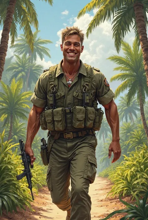 Create an American soldier who looks very happy during the invasion of Grenada