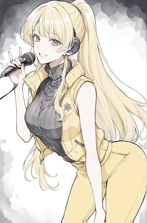 tall female, blonde female singer, blonde hair, long hair, earpiece microphone, yellow puffer vest, high quality puffer vest, High Neck Sleeve, open zip vest, long pants, looking at viewer, sweet smile, chie_rico style, anime illustration, hand drawn quali...