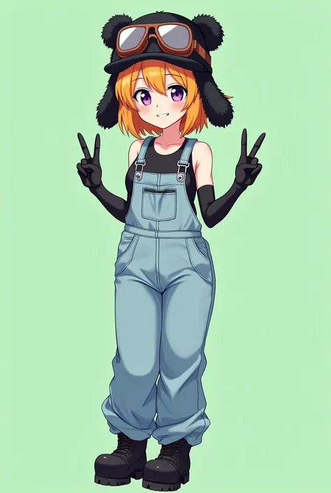 score_9, score_7_up, rating_safe, (((anime style))), (((anime lineart))), A full body view of a young woman with big breast smiling with shoulder-length bright orange yellow hair, light skin, and large expressive purple eyes is depicted. She wear a black t...