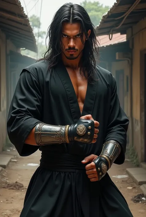 A young street fighter man with long black hair, dark skin and brown eyes. with a black long sleeve and long pant like silat uniform 
In his hands gloves of leather and iron