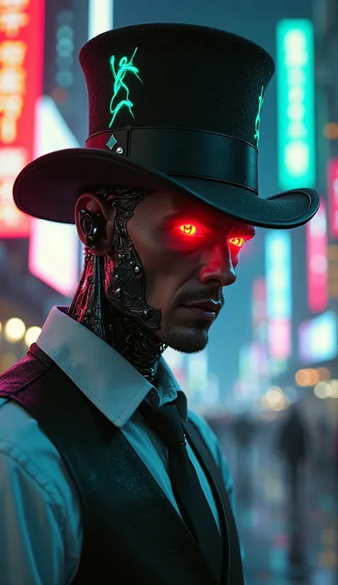 cyberpunk wizard, futuristic mage, close-up shot, dark aesthetic, wearing a black vest over a white shirt and a LED tie. His face has cybernetic enhancements, with black metallic neck and jaw, red glowing eyes, and cyberware veins running from his eyes. A ...