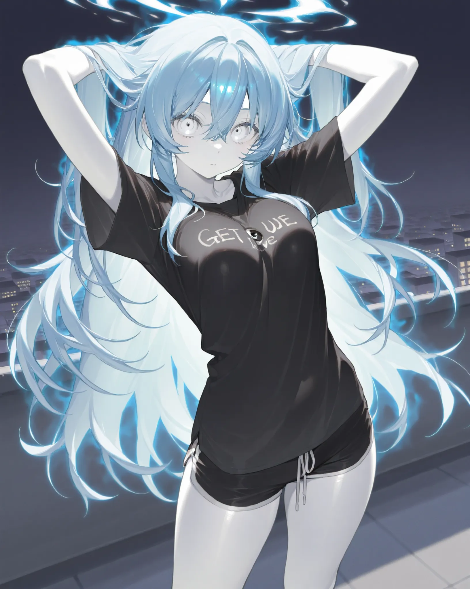 best image quality、highest resolution、 diamond blue hair 、white eyes、、rooftop、   black t-shirt  、beautiful breasts、   best thighs、Blue Aura、 long hair、best image quality、、black shorts、  white skin、get up、Bedhead、（lots of eyes on clothes）、Big Eyeball 、