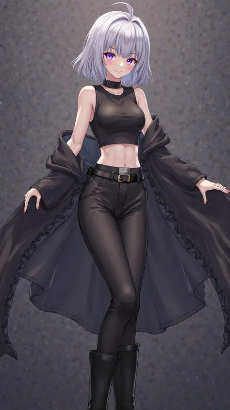 anime　Petite　 Silver Hair　straight short hair　 purple eyes　black sleeveless cowgirl costume　black short cowgirl pants　black boots　band around the neck　full body　black boots　Navel-baring look