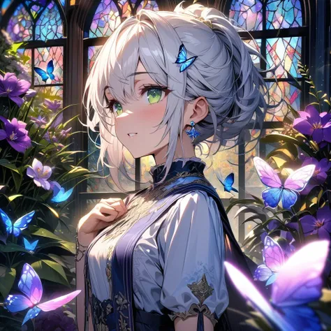 absurdres, highres, ultra detailed, HDR, master piece, best quality, Beautiful young woman, short white hair, light green eyes. princess. Earrings. Solo. tomboy beautiful, glass stained window, blue shining butterflies,  purple orchids, petals, garden, nig...