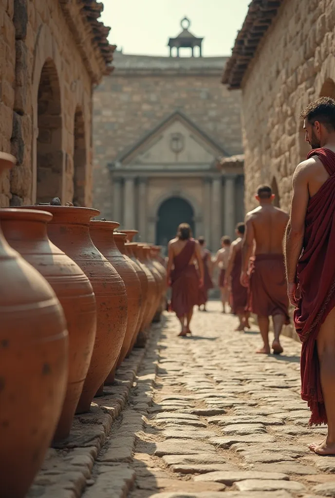 Row of large clay jars, Ancient Rome, placed along a cobbled street, with Roman citizens in togas and tunics urinating into them, background showing stone buildings and a small tavern, wide shot, hyper-realistic, photo realism, cinematography, ar 9:16