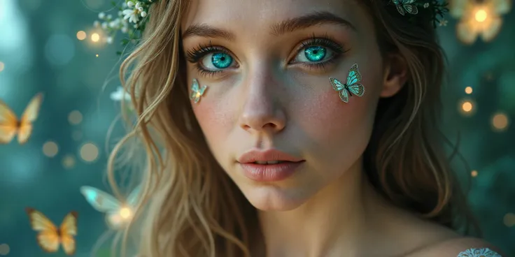 A close-up portrait of a woman with heterochromia, showcasing one bright blue eye and one emerald green eye. The image is set in a fantasy environment, with soft, magical lighting that accentuates the vibrant colors of her irises. Her eyes are the focal po...