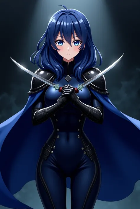 (maximum quality, best quality,  official art , beautiful and aesthetic:1.2) female anime, dark blue and long hair, blue eyes,  wearing a blue cape , Armadura preta, blue clothes,  Dark Blue Pants , holding daggers.