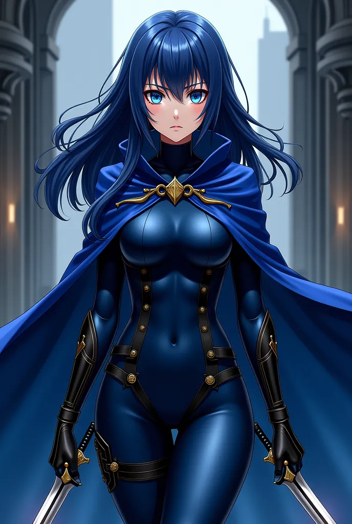 (maximum quality, best quality,  official art , beautiful and aesthetic:1.2) female anime, dark blue and long hair, blue eyes,  wearing a blue cape , Armadura preta, blue clothes,  Dark Blue Pants , holding daggers.