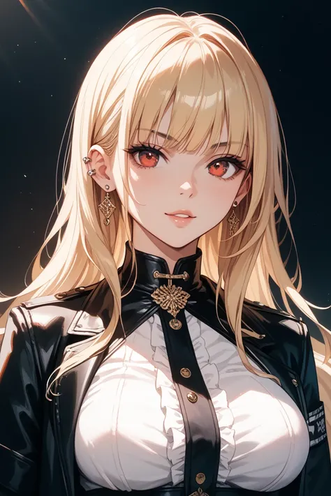 Blonde long perm with bangs, red piercings, black jacket, white blouse, big breasted sister, anime style