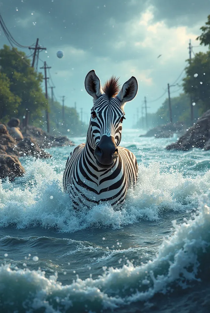 A highly detailed 3D-style cartoon scene of a zebra struggling in a powerful flood. The water is rushing with strong currents and high waves, creating an intense and dramatic atmosphere. The zebra is partially submerged, fighting to stay afloat as the floo...