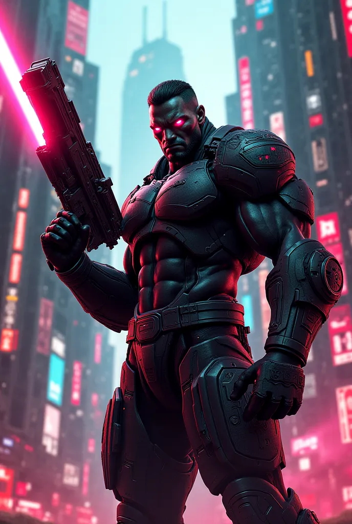 A black fighter with a laser gun