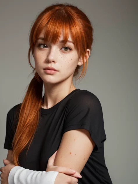  A Caucasian woman, with orange hair, which is informally attached, making a ponytail, bangs and leaving two separate locks of hair in the front, His eyes are hazel in color, Her nose is small and thin , has freckles that cover the middle area of his face,...