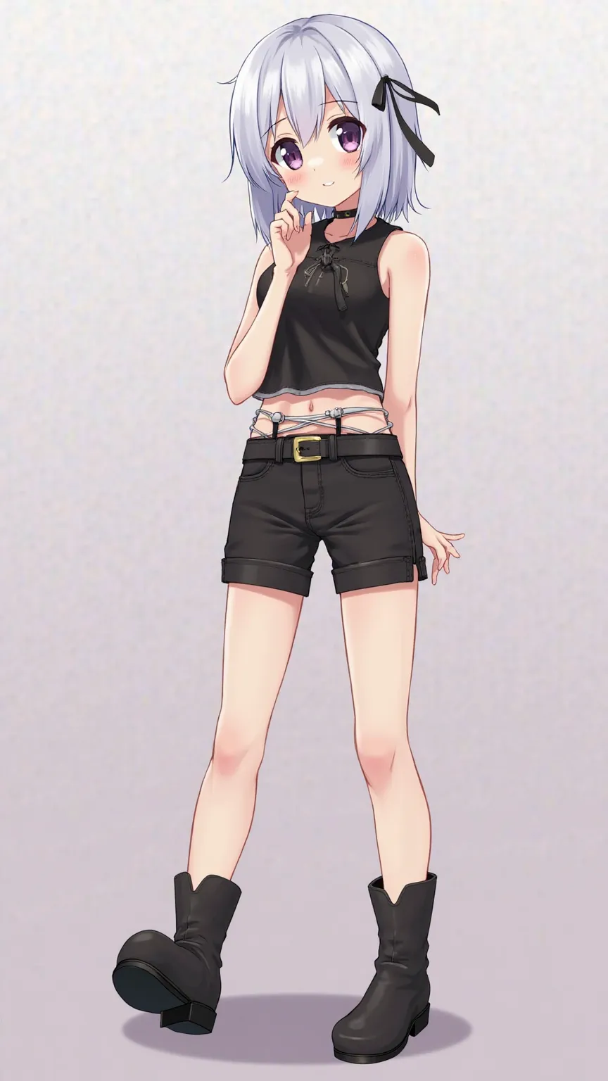 anime　Petite　 Silver Hair　straight short hair　 purple eyes　black sleeveless cowgirl costume　black short cowgirl pants　black boots　band around the neck　full body　black boots　Navel-baring look　Trousers are pants in detail