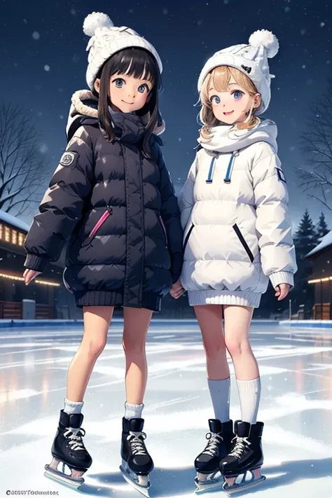 (   super flat   ,  flat shading ,   flat color),  1 young   girls on the left， short，   Toddler Picture Temptation    ，, change,  S,   curvy,    down jacket , (   White Knit Dress  ，below-knee socks  ),     without skirt , Glass, winter hat,   Ice Skating...