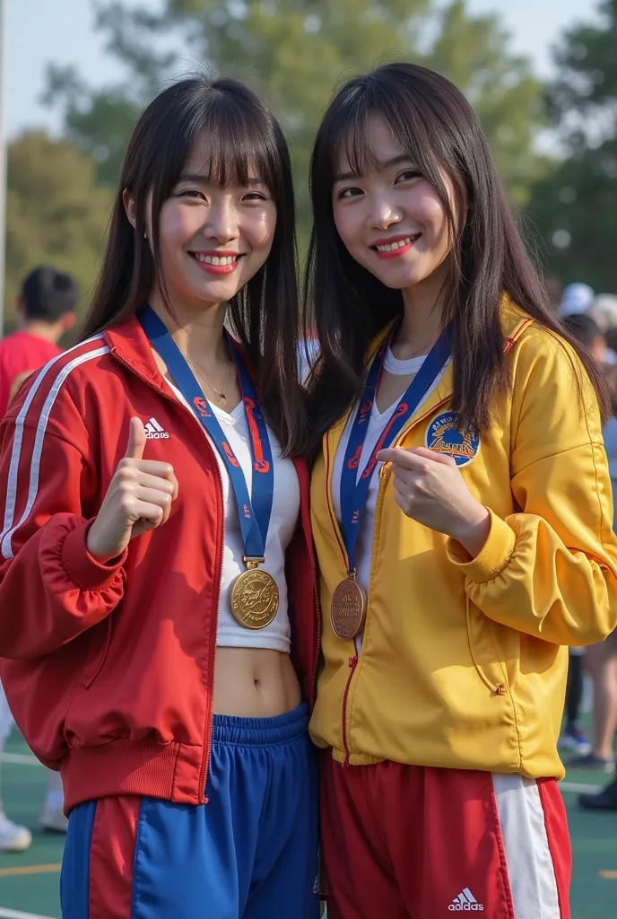 there are two women standing next to each other with medals, a picture by Jeka Kemp, dribble contest winner, photorealism, 1 st place, kda and sam yang, profile picture, cosplay award winner, full costume, very very creepy, very accurate photo, award winni...