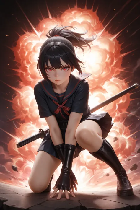 masterpiece, best quality, amazing quality, front view, from below, 1girl, solo, short hair, black hair, ponytail hair with red ribbon, red eyes, black and red sailor uniform, short sleeve, (black fingerless leather gloves), superhero landing pose, holding...