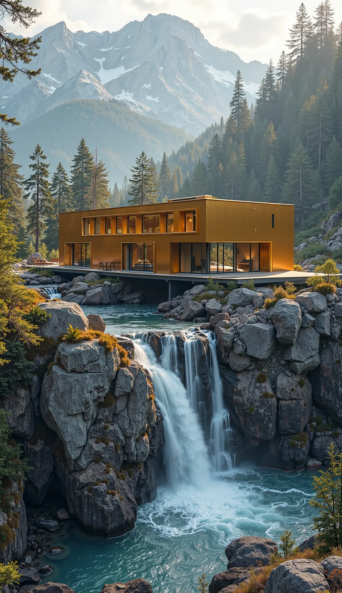 metal gold  modern high celling house on a mountain and a waterfall realstic water
