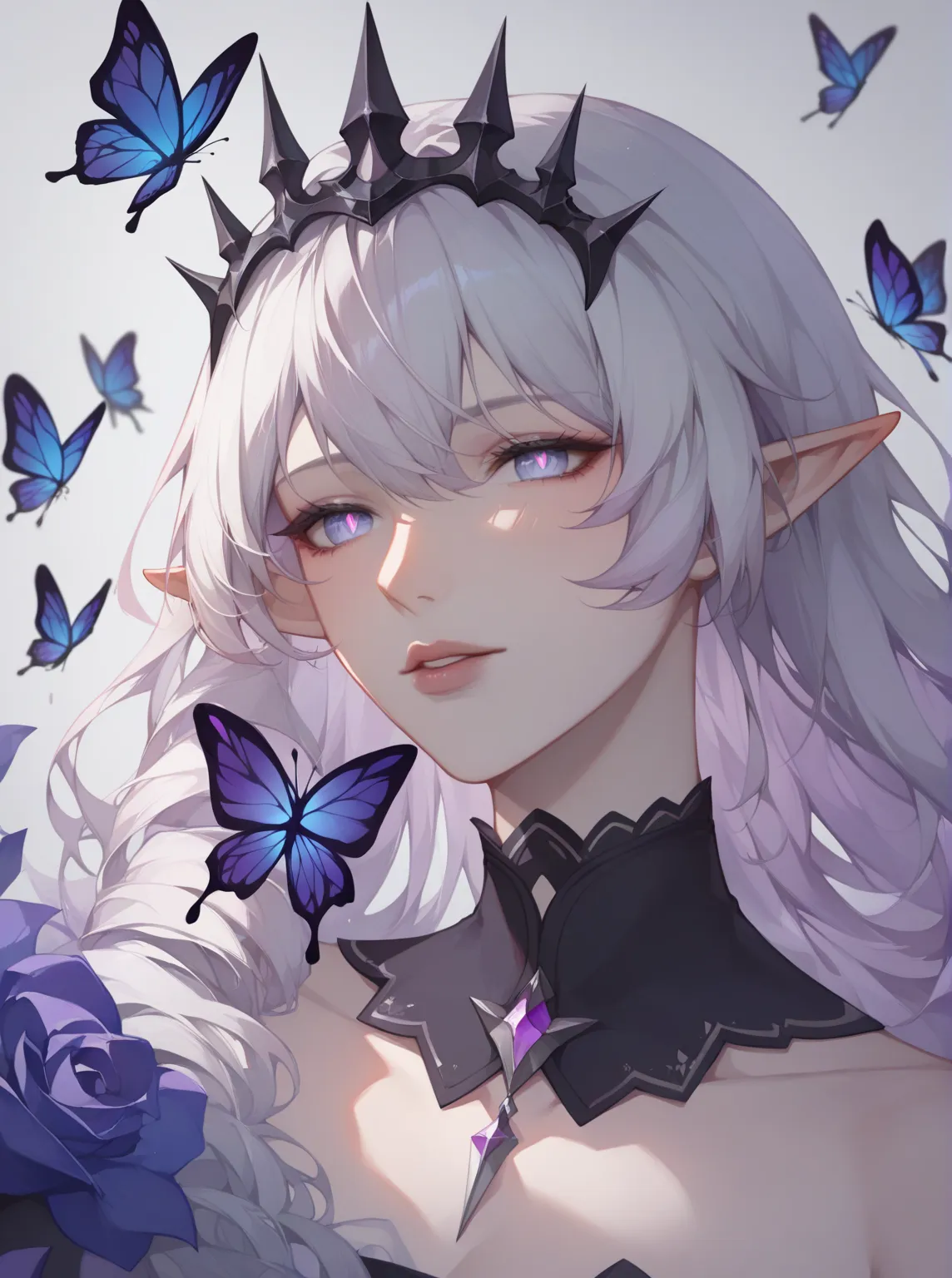 Castorice_HonkaiStarRail. palid skinned adult woman slanted purple (margin-collor) eyes and white pupil, lips serius, elf ears, bright white shoulder-lenght straight white hair and back long hair violet locks, She uses a black crown with purple little gens...