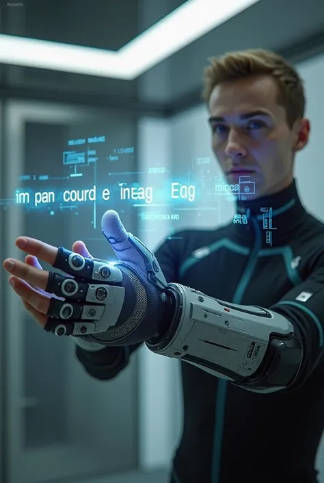 Generate a futuristic glove with holographic text or a person using the glove to communicate.