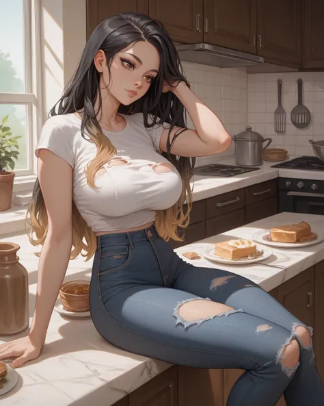 A young woman, Brown Eyes, straight black hair, ((jeans) ((A black)   pale skin , big breasts, torn eyes, he would be, long hair, Waist up perspective, resting against the kitchen counter, gradient hair