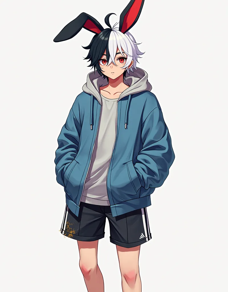  A 16-year-old anime boy with half-white black hair and red eyes wore a blue hoodie with a grey hoodie while wearing a hoodie., White T-shirt inside,  , black shorts with white stripes and a pair of sandals , I'm wearing a hoodie. The shorts have dust at t...