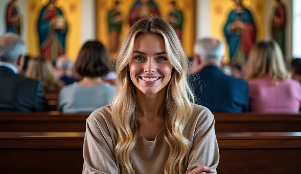 Beautiful blonde hair woman, in her 20s,sits among the congregation in an Orthodox church nice and friendly blonde girl smiling a little, in church on the background of icons, doesn't make eye contact with camera, raw photo, hyperrealistic, 32K UHD, warm t...