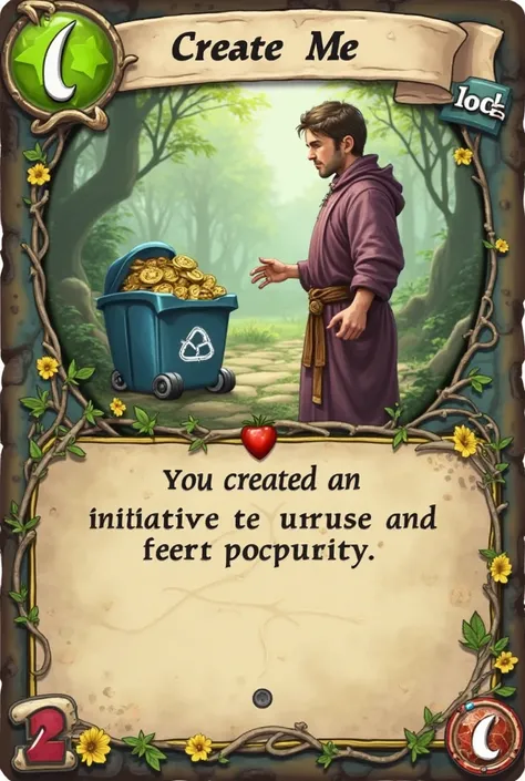  CREATE ME A card for a game measuring 6cm x 8 cm that has this content  "You created an initiative to recycle in your community. You get 100 coins and 1 responsibility token."  Place the text on the card with an allegorical image to the text for me