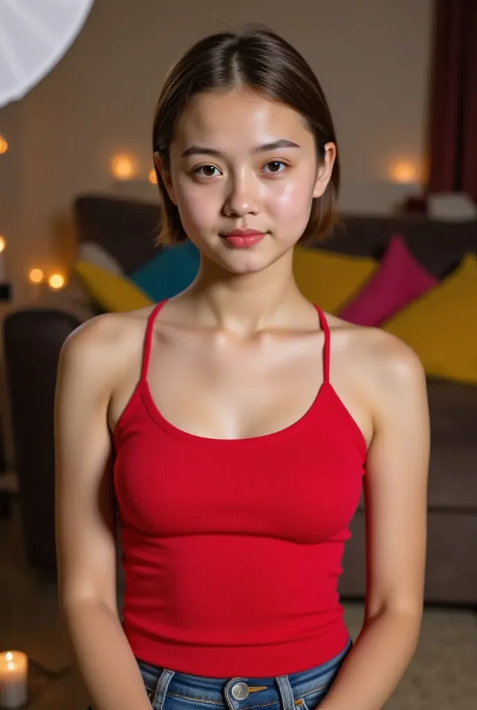 shiny black hair, white skin ,  15-year-old ager, foreground, neckline,  soft makeup ,  bright red lips , black pants