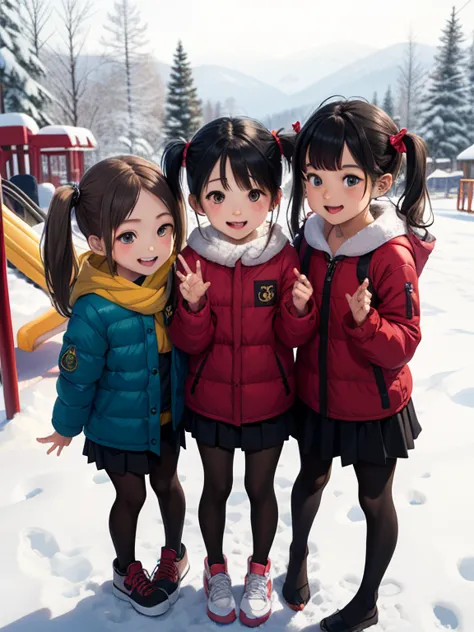 (  masterpiece,      Top Quality ), 3人の      girls on the left  ，(), 10歳の      girls on the left  ，      thick eyebrows，baby face，round face，      big round eyes， group ,      short twin twin tail     , Dull bangs，           black hair，Glass，，     brown ey...