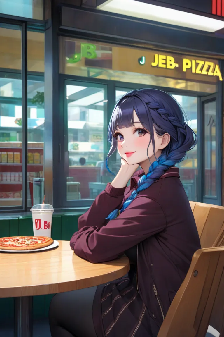 ((best quality)), ((masterpiece) (extremely detailed) an extremely beautiful, gorgeous ,curvy, petite  with her hair of semi royal blue braids from the top with luminous green ends ,she sited beside a large pizza place window with a messy table,she smiling...