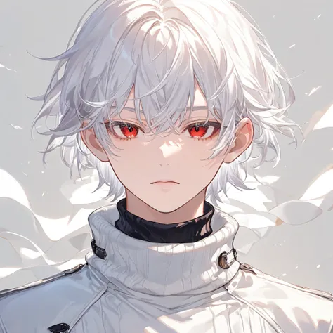 18 years old、 male、Height: 185cm、model body type、thin macho、 white hair、 red eyes、The skin is pale、turtleneck、 cool series、 neutral、 youth、is cool、M-shaped bang bangs、1人の male、 manly、1boy 、Short Hair