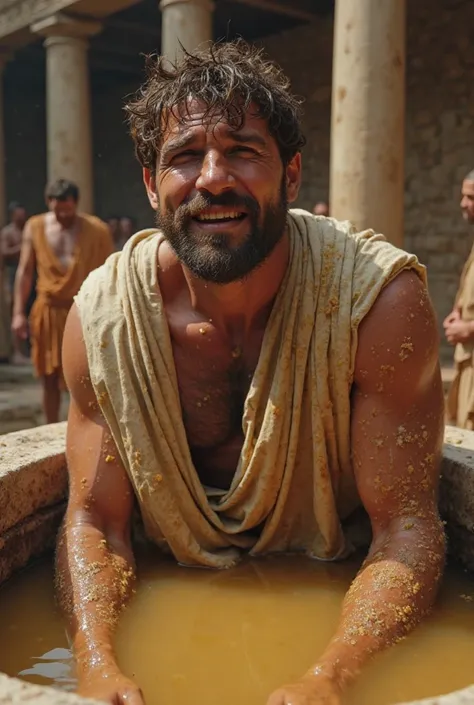 Roman slave, Ancient Rome, wearing a stained tunic, feet submerged in a stone basin filled with soapy yellowish liquid, face showing mild disgust, background showing other workers, medium close-up, hyper-realistic, photo realism, cinematography, ar 9:16