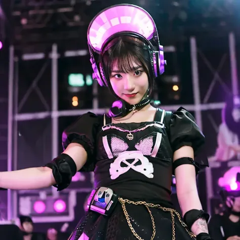 japanese woman,  dj, with headphone, in the club,  kawaii, ((very short cut:1.2)), crowds around, cyber punk, gothic lolita,  ((DJ, dancing, on the stage:1.3))