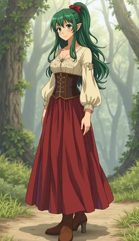 Elaen is a young elf, with green hair and eyes. To go out to the village, , she wears a cream linen blouse with subtle embroideries, a dark brown leather corset and a long red skirt. He wears brown booties. Her hair is picked up with a burgundy ribbon, , g...