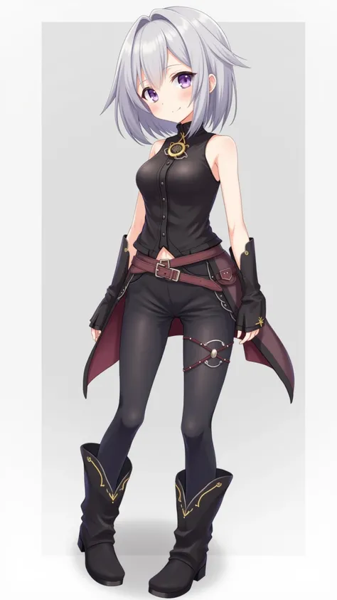 anime　Petite　 Silver Hair　straight short hair　 purple eyes　black sleeveless cowgirl costume　black cowgirl pants　black boots　band around the neck　full body　black boots　Navel-baring look　The pants are black shorts