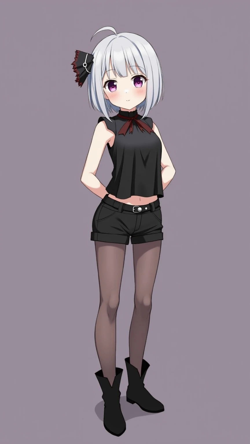 anime　Petite　 Silver Hair　straight short hair　 purple eyes　black sleeveless cowgirl costume　black cowgirl pants　black boots　band around the neck　full body　black boots　Navel-baring look　The pants are black shorts