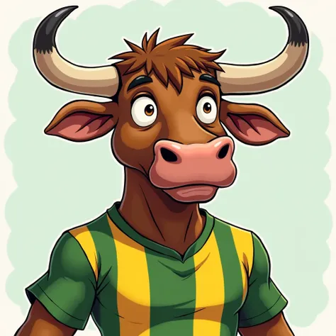 Stylish confused bull wearing a Brazil flag shirt, cartoon style
