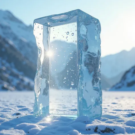 A tall rectangular block of ice made from a clean block of highly transparent ice