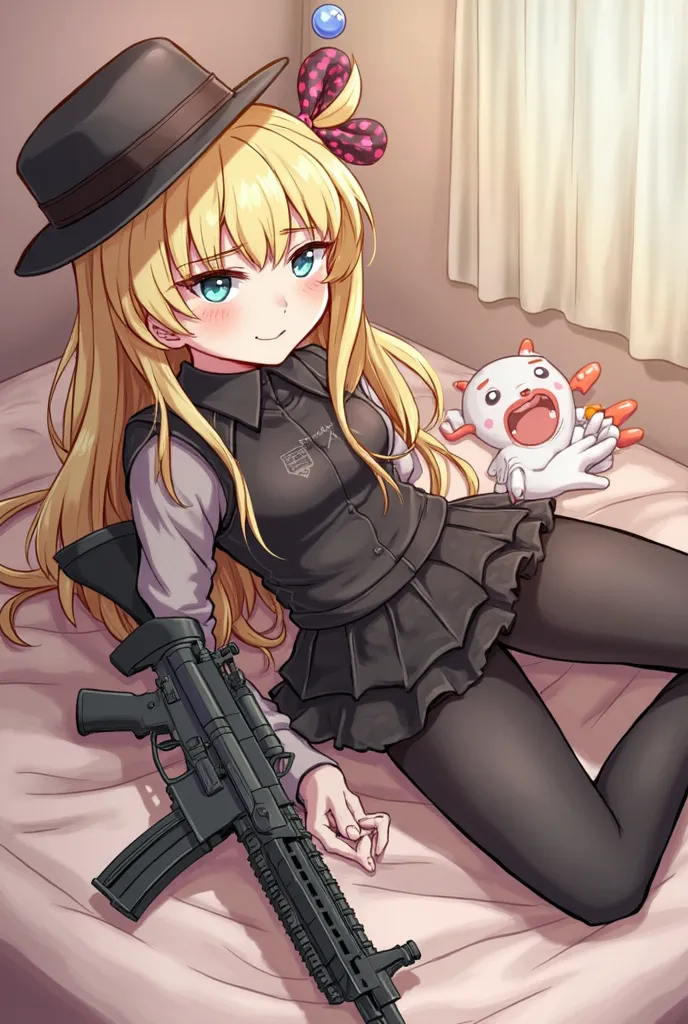 anime girl with a gun and a clown hat laying on her stomach, from girls frontline, m4 sopmod ii girls frontline, girls frontline style, anime machine gun fire, fine details. girls frontline, with pistol, by Shitao, splash art anime loli, trigger anime arts...